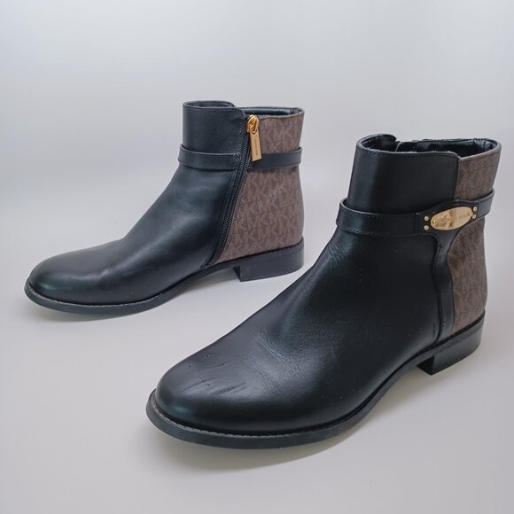 Michael Kors Ankle Boots Black Brown Britt Signature Logo Print Flats Womens 8.5 - Picture 7 of 16